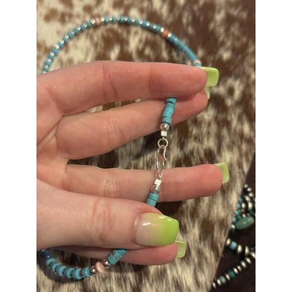 Native American Sterling Silver Shiny Navajo Pearl Turquoise Conch Necklace 18” - Picture 10 of 13